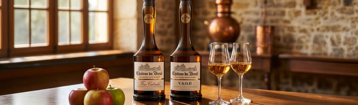 Uma fotografia de produto sofisticada e cinematográfica com duas garrafas de Château Du Breuil Calvados