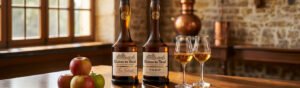 Uma fotografia de produto sofisticada e cinematográfica com duas garrafas de Château Du Breuil Calvados