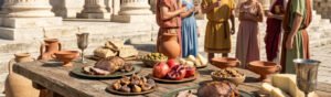 Fotografia ao ar livre que retrata um banquete romano ou grego antigo e grandioso