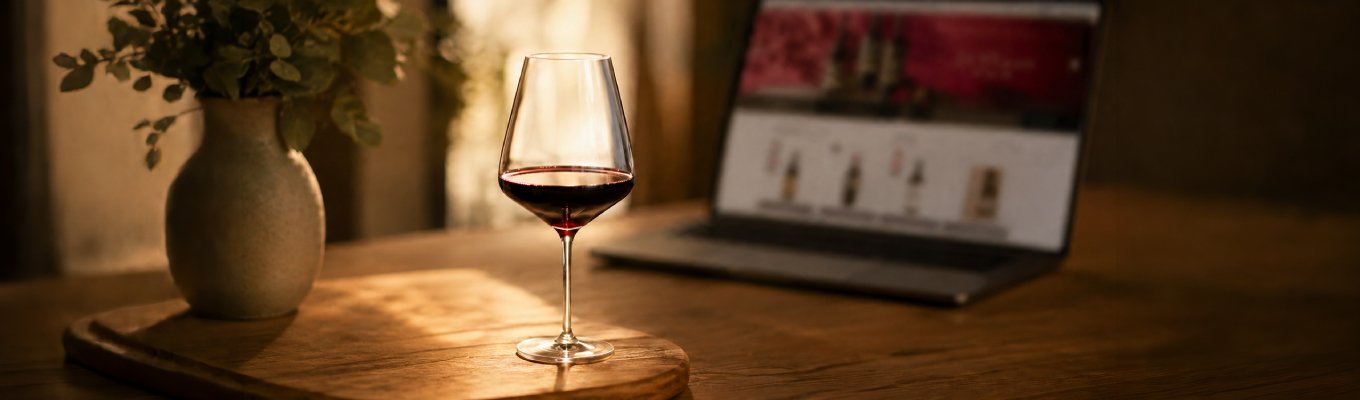 Taça de vinho tinto ao lado de notebook, ilustrando o melhor site para comprar vinhos com segurança.